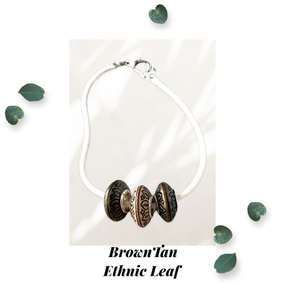 Brown Tan - Metallic Leaf - Ethnic Euro Bead Bracelet - Ivory Cord